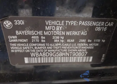 2017 BMW 330 Xi из США, поврежденный, VIN WBA8D9G58HNT90807